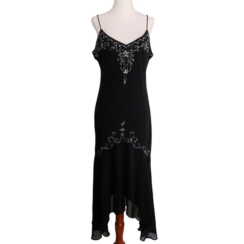 Vintage 90s Black Mesh Flapper Style Evening Gown Prom Dress Asymetric Beaded 14